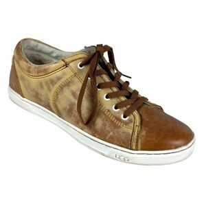 UGG TOMI 1006829 CHESTNUT BROWN DISTRESSED LACE UP LEATHER SNEAKERS